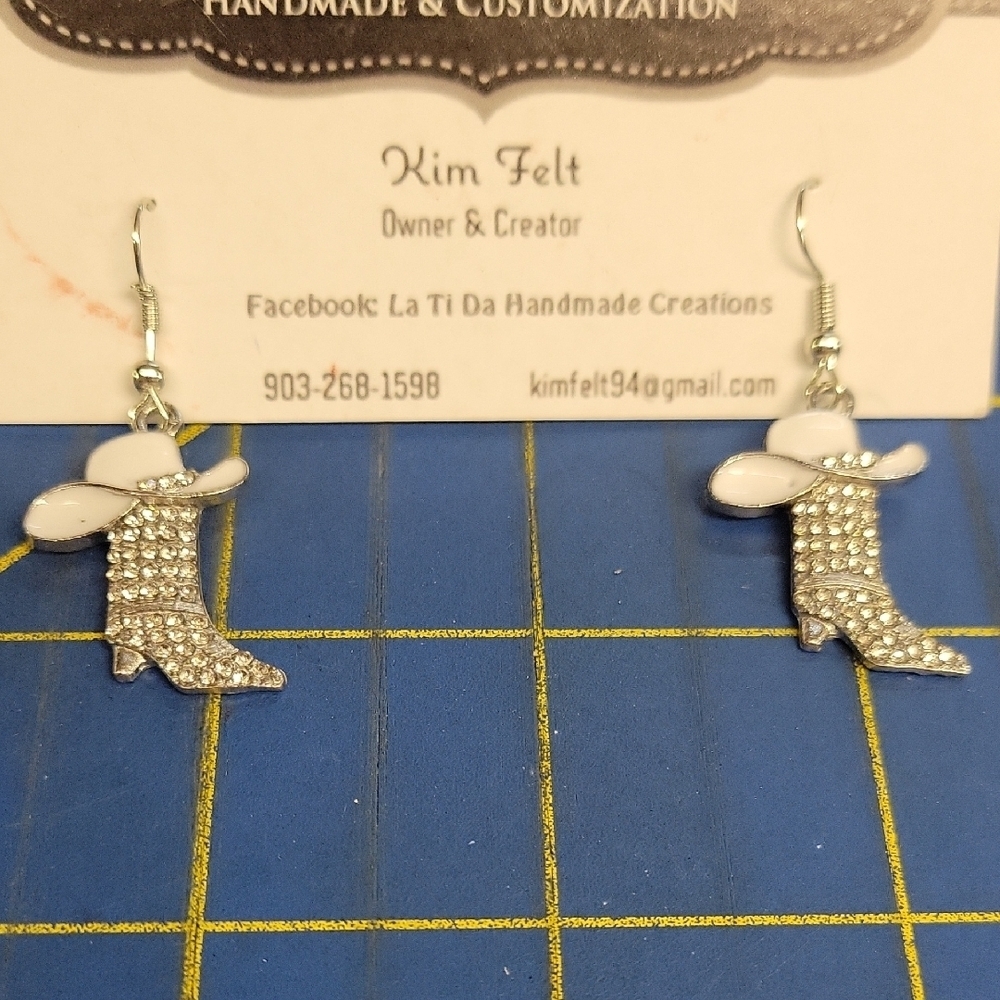 Rhinestone White Cowboy Hat Boot Silver Tone Earrings